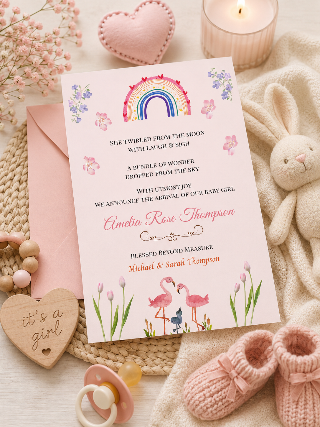 Flamingo baby announcement mockup 2