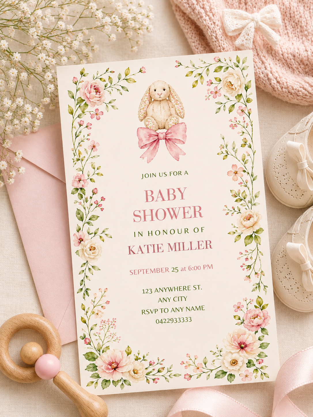 Floral & Bunny Themed baby shower invitation mockup 2