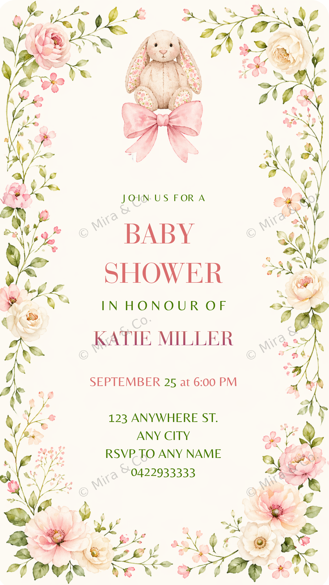 Floral Bunny Baby Shower Invitation