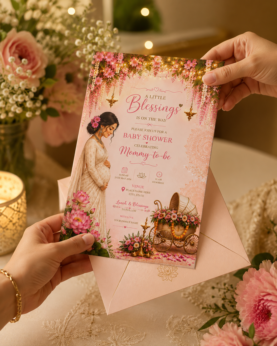 Floral Godh Bharai invitation mockup 2