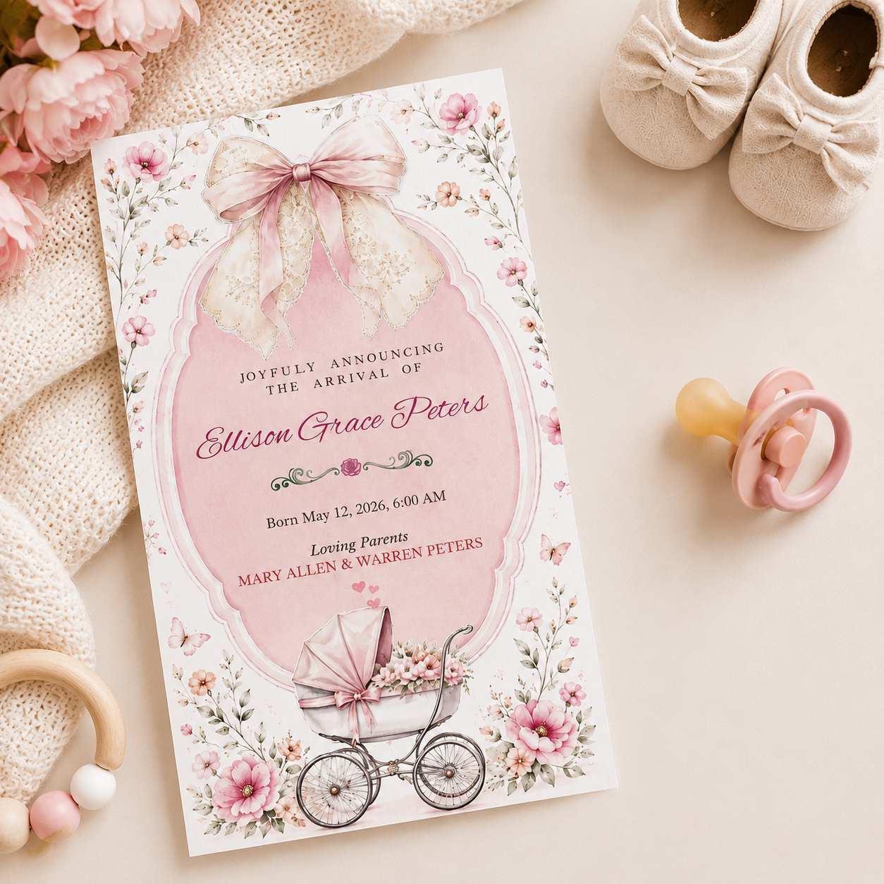 Pink Ribbon & Bassinet Themed Announcement mockup 2