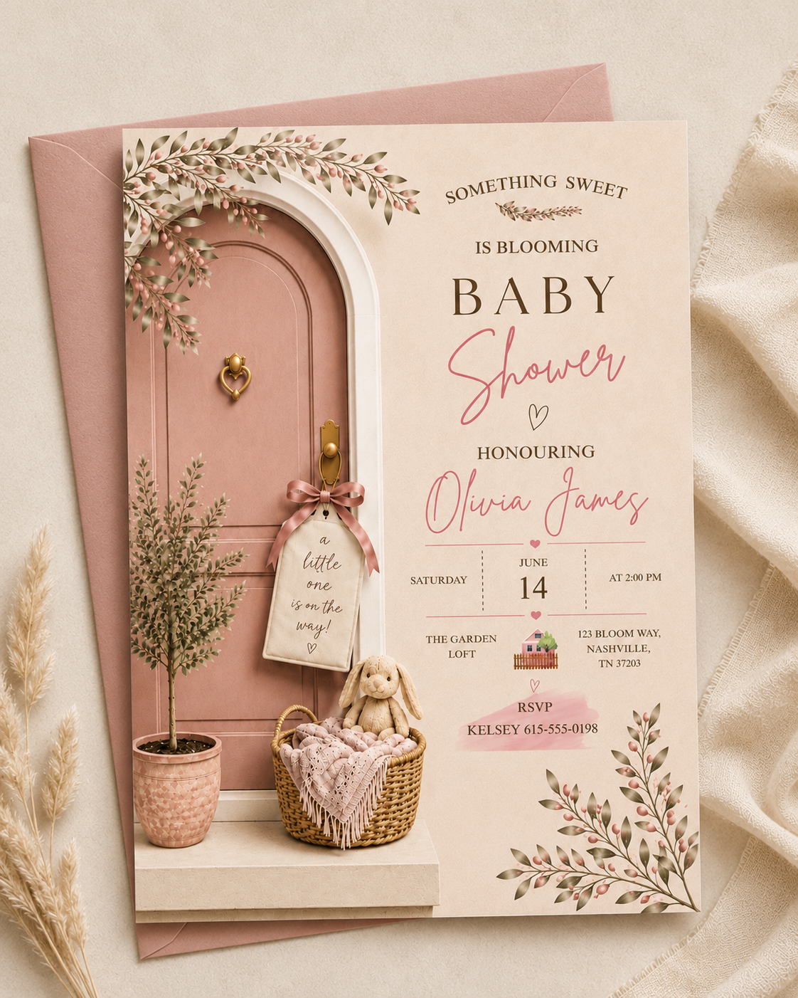 Dusty pink baby shower invitation mockup 2