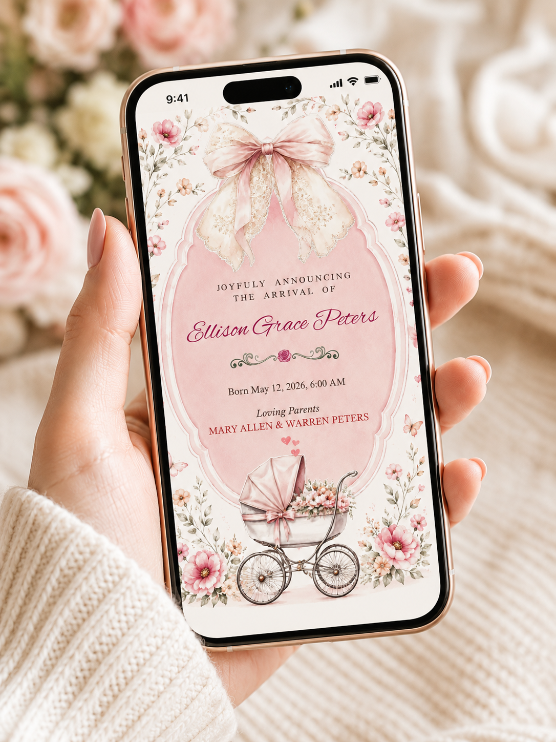 Pink Ribbon & Bassinet Themed Announcement mockup 3