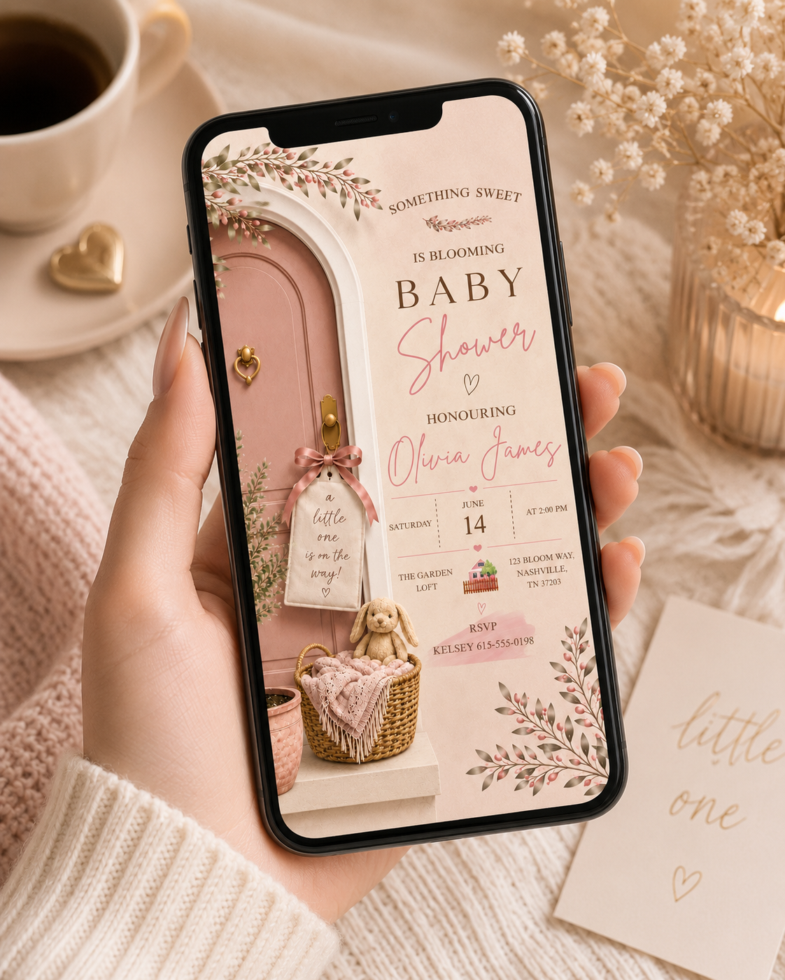 Dusty pink baby shower invitation mockup 3