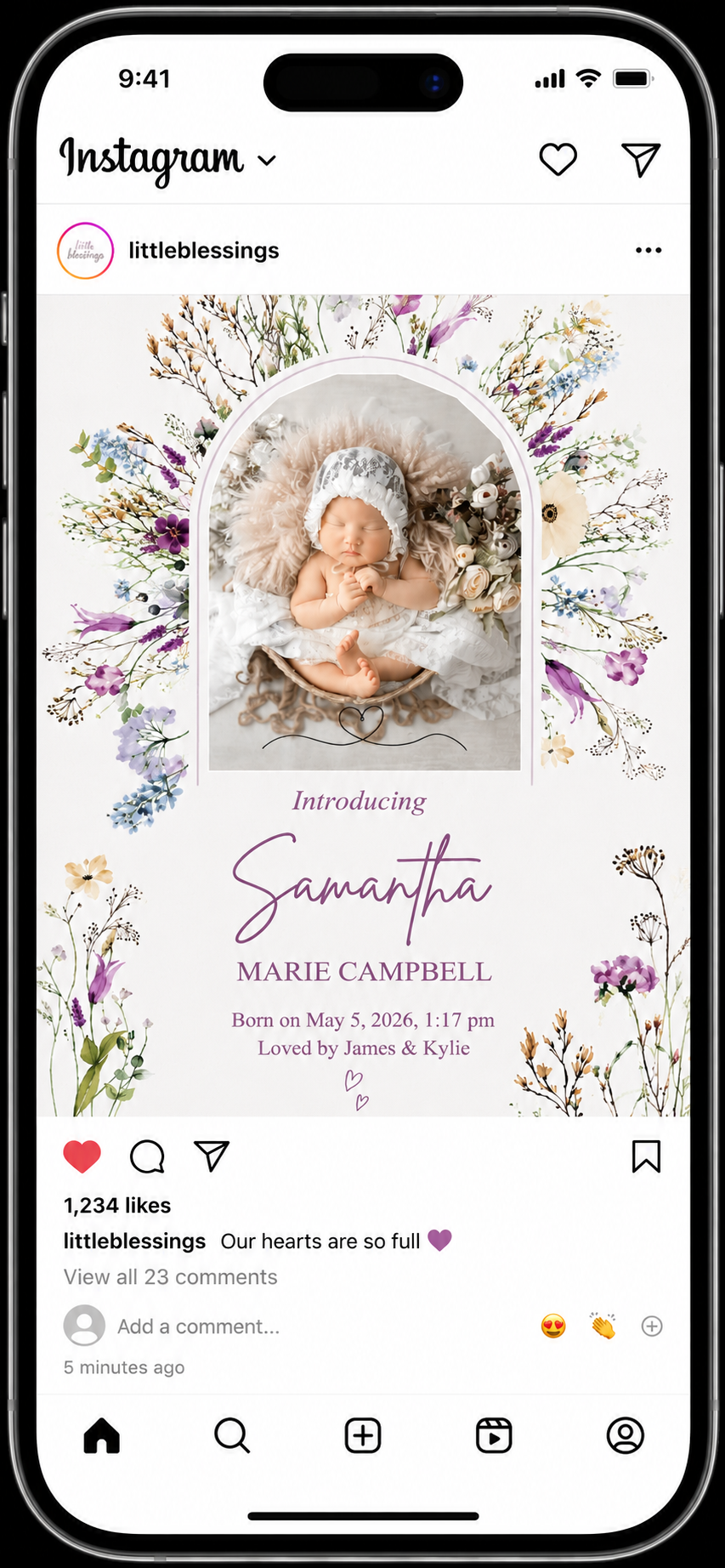 Purple Floral photo announcement mockup 3