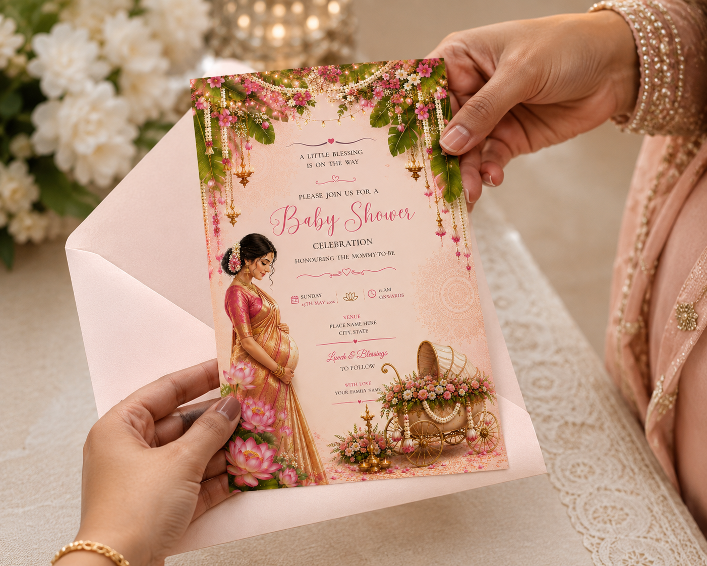 Royal arch Godh Bharai invitation mockup 3